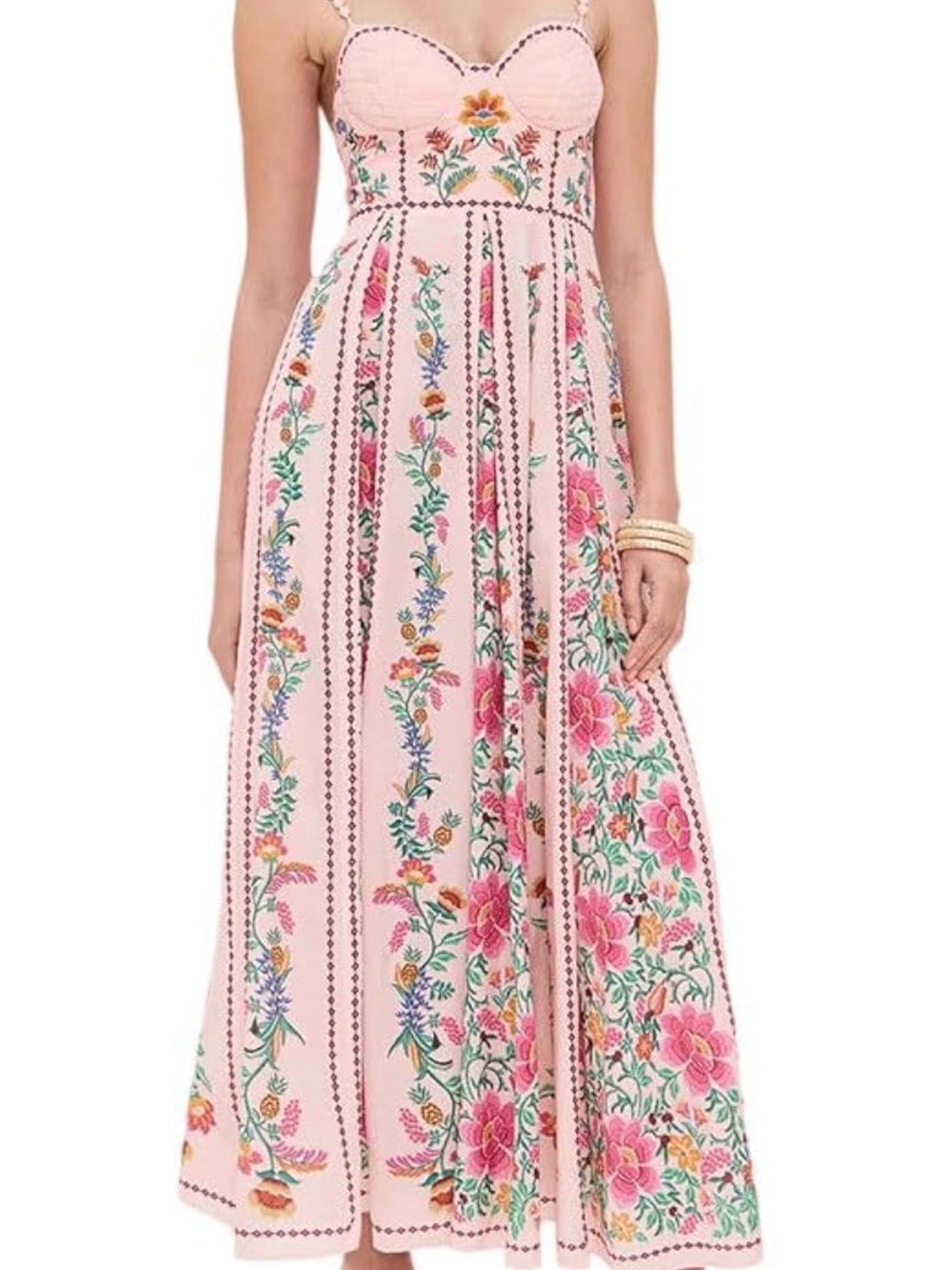 Farm Rio Style Floral Sweetheart Maxi Dress in Light Pink